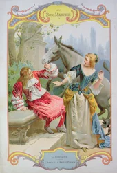 The Donkey and the Little Dog, from Fables by Jean de La Fontaine, advertising for Au Bon Marche department store